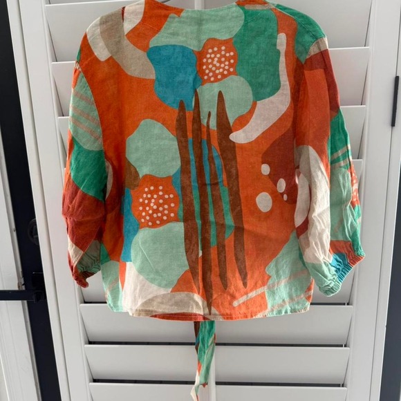 Women's blouse Orange and green linen tie-front top - Picture 8 of 8